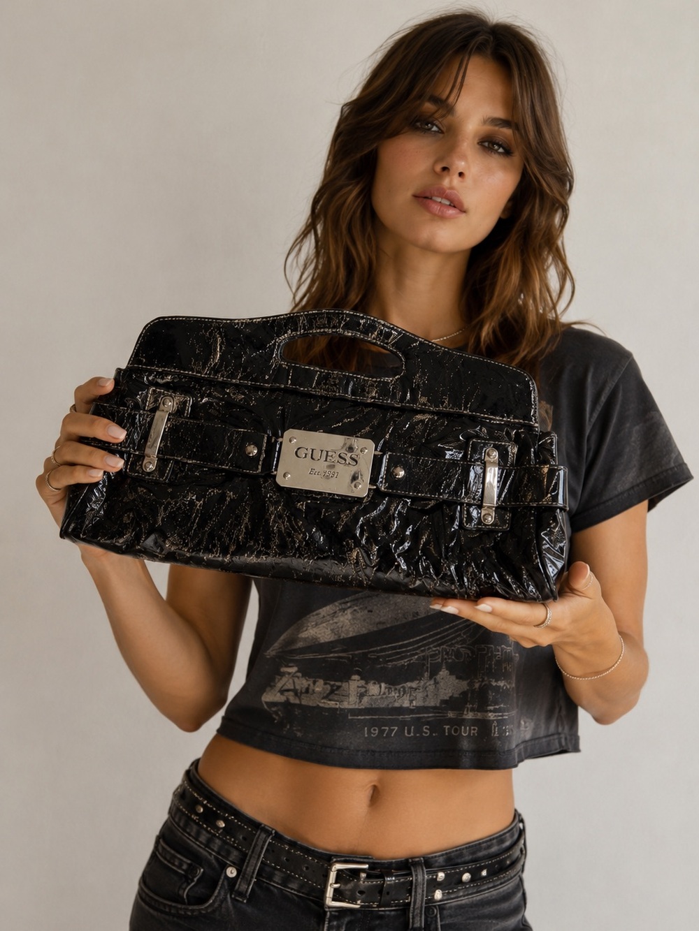 Vintage Guess Black Patent Oversized Clutch Handbag | Y2K Indie Sleaze It Girl